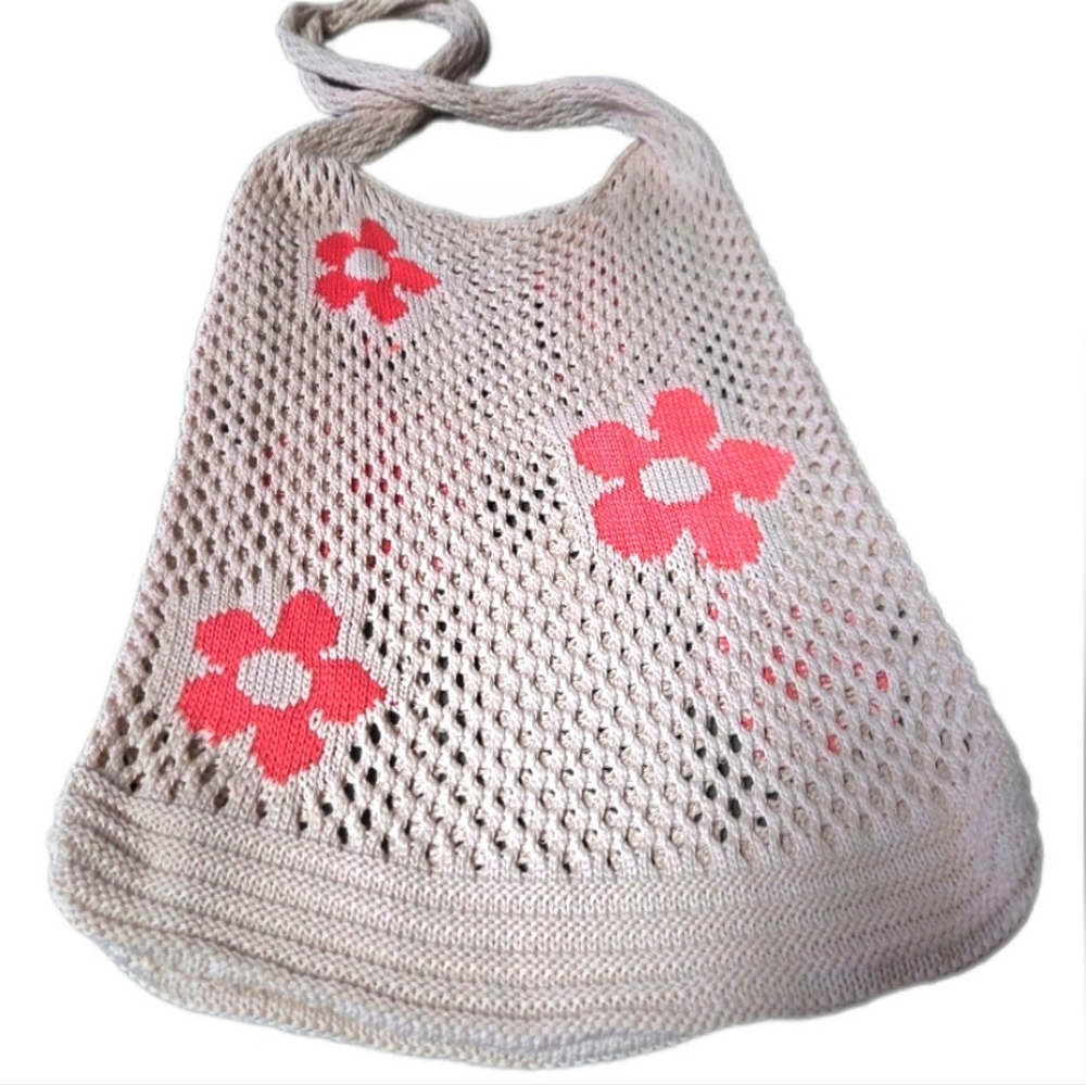 VTG 70's Crochet Knit Mesh Hobo Bag Retro Y2K Beach Boho Hippie Flowers - Picture 2 of 2